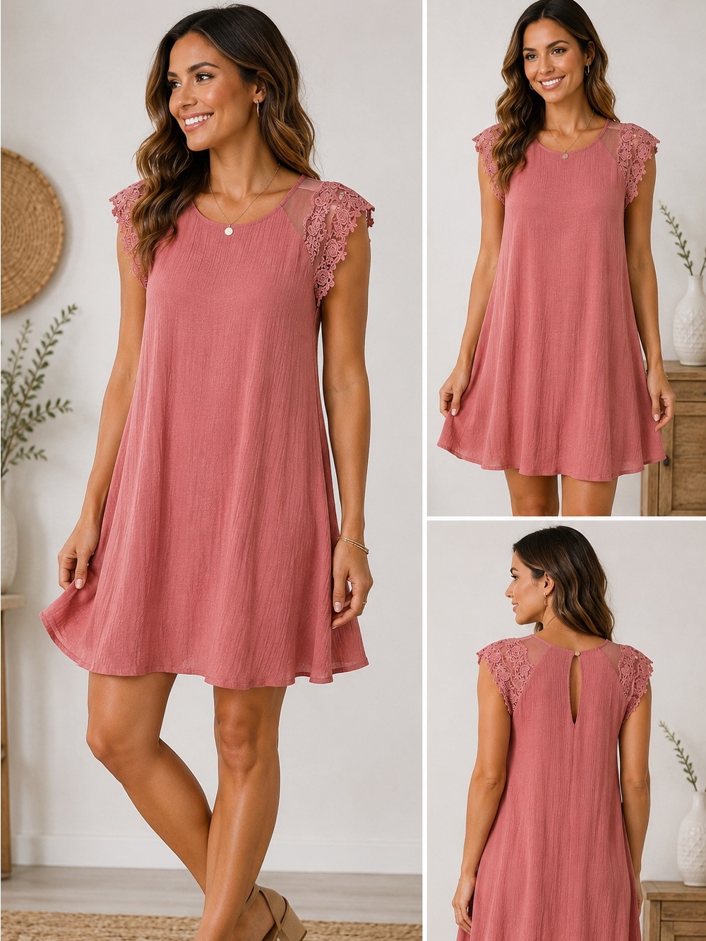 Jella C. Coral Rose Lace Sleeve Shift Dress Boho Romantic S